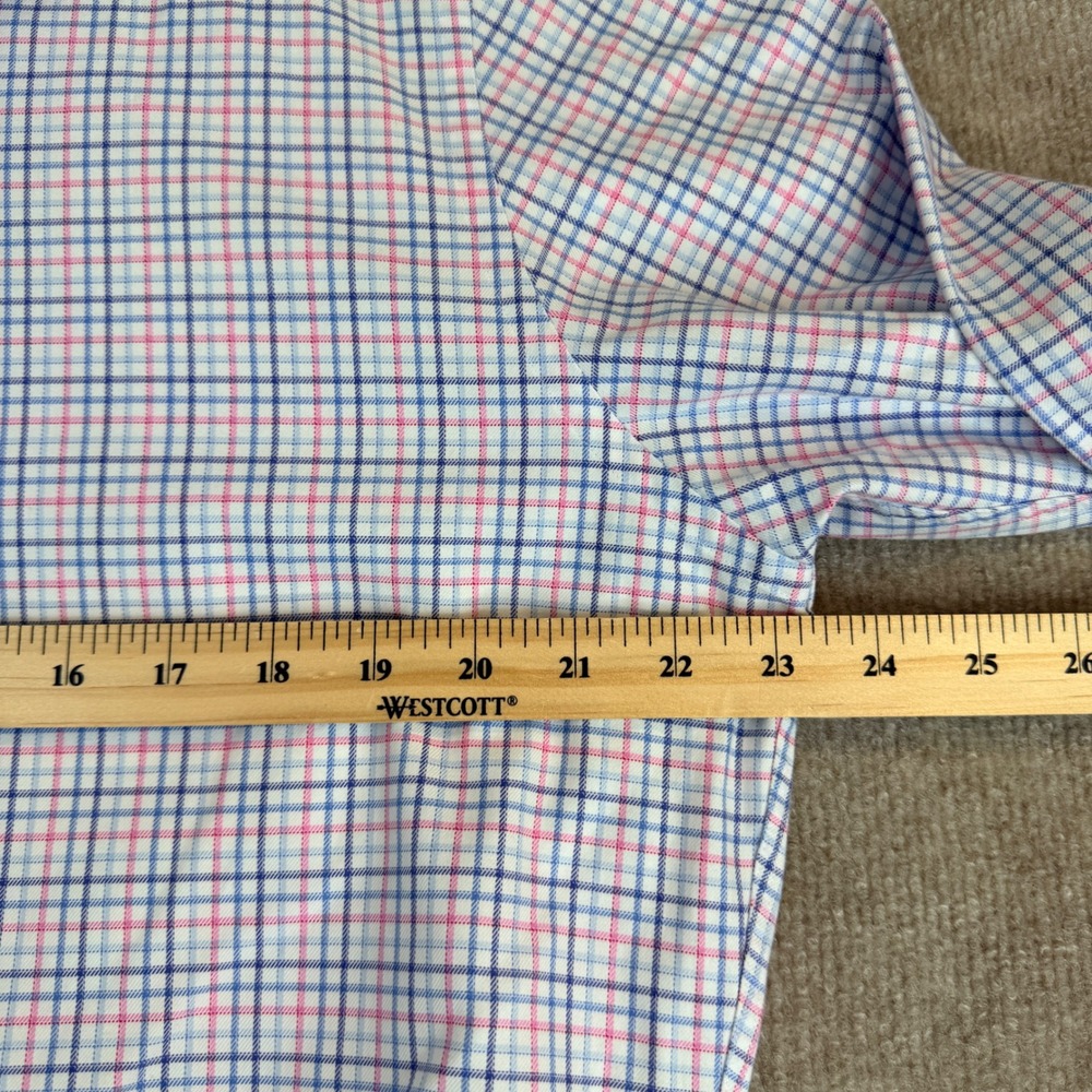 David Donahue Mens Dress Shirt 16 1/2 34/35 Blue Pink Plaid Cotton Trim Fit - Picture 4 of 15